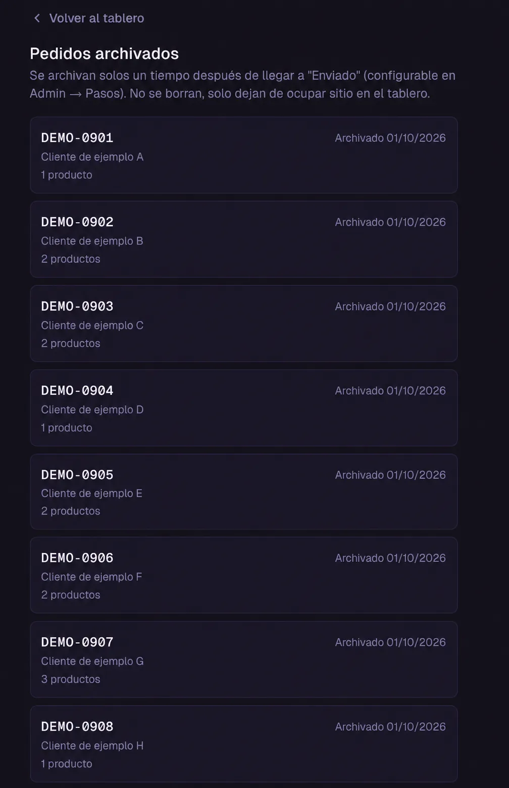 Archived orders in Spanish with fictional DEMO references and example customer labels.