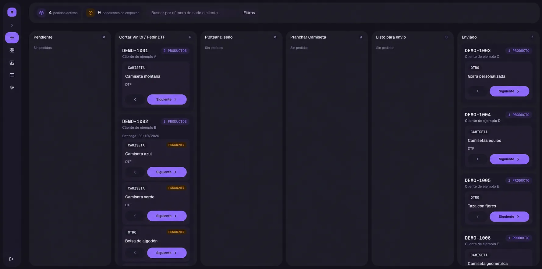 Production board in Spanish, edited from a real screenshot with fictional sample data.