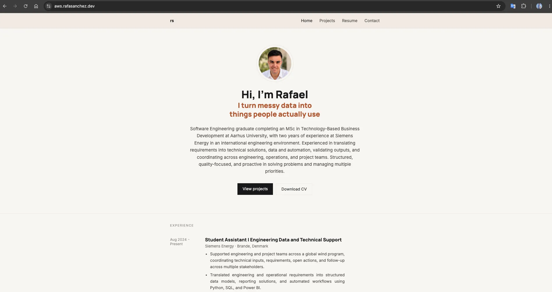 The portfolio served over HTTPS at aws.rafasanchez.dev from CloudFront.