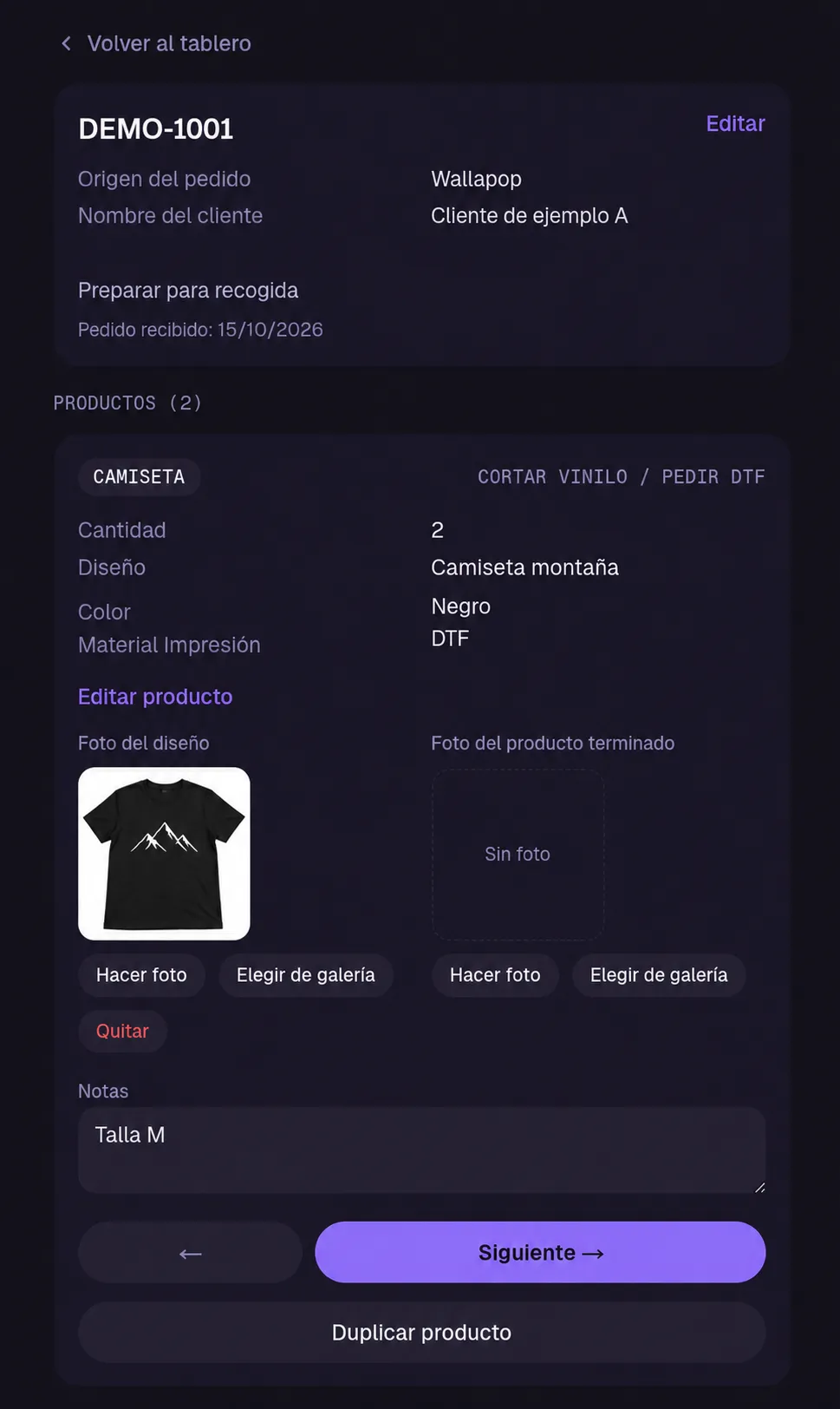 Spanish order detail with fictional order DEMO-1001, product attributes, reference photo, notes and stage controls.